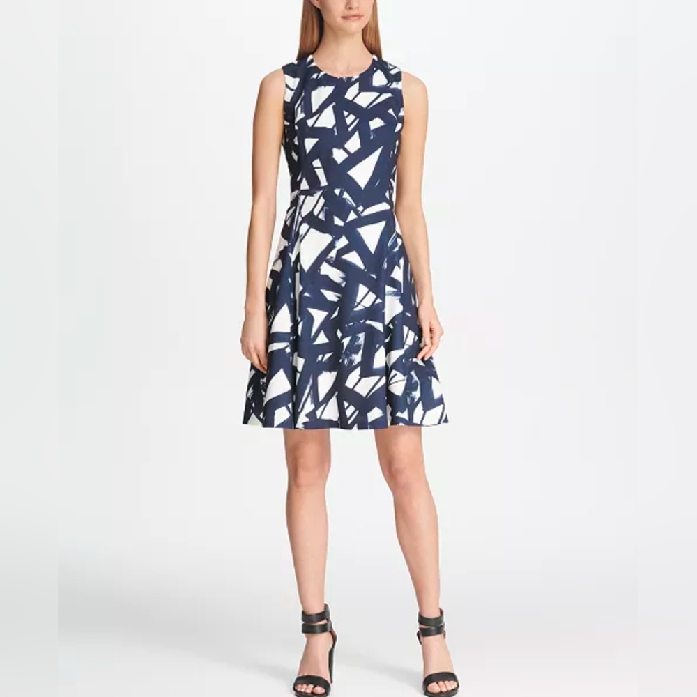 👗 DKNY Graphic Print Fit & Flare Dress | Size 16 | Navy & White | EUC